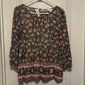 LC Lauren Conrad Teal and Pink Floral Blouse, size Large